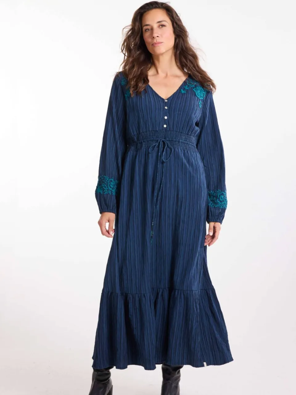 Didi blousejurk met borduursels en ceintuur - donkerblauw, foto 4