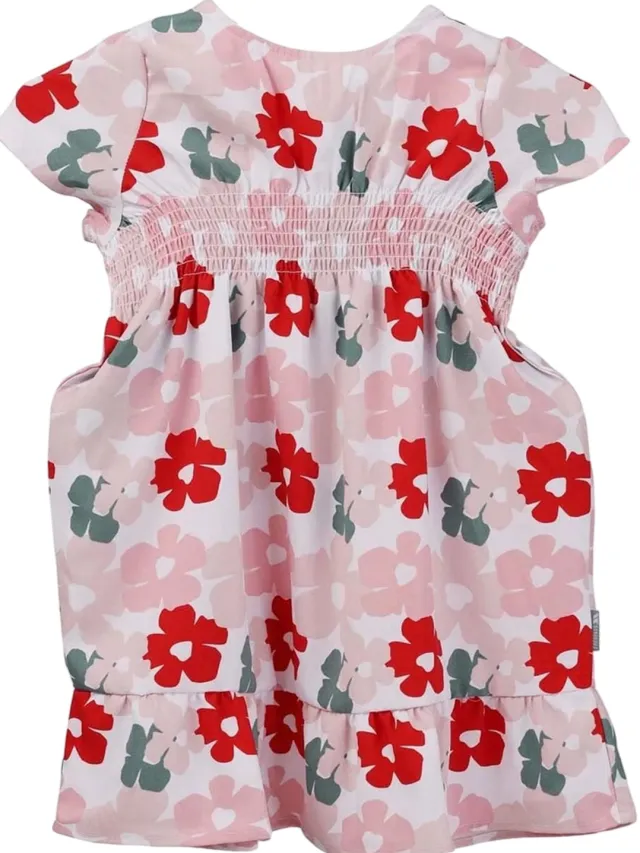 Trespass Meisjesjurk met bloemenprint en smockwerk (Rood)
