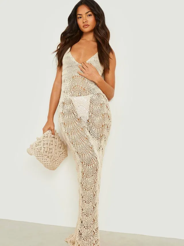 boohoo Dames Crochet Scallop Scoop Strandjurk Crème