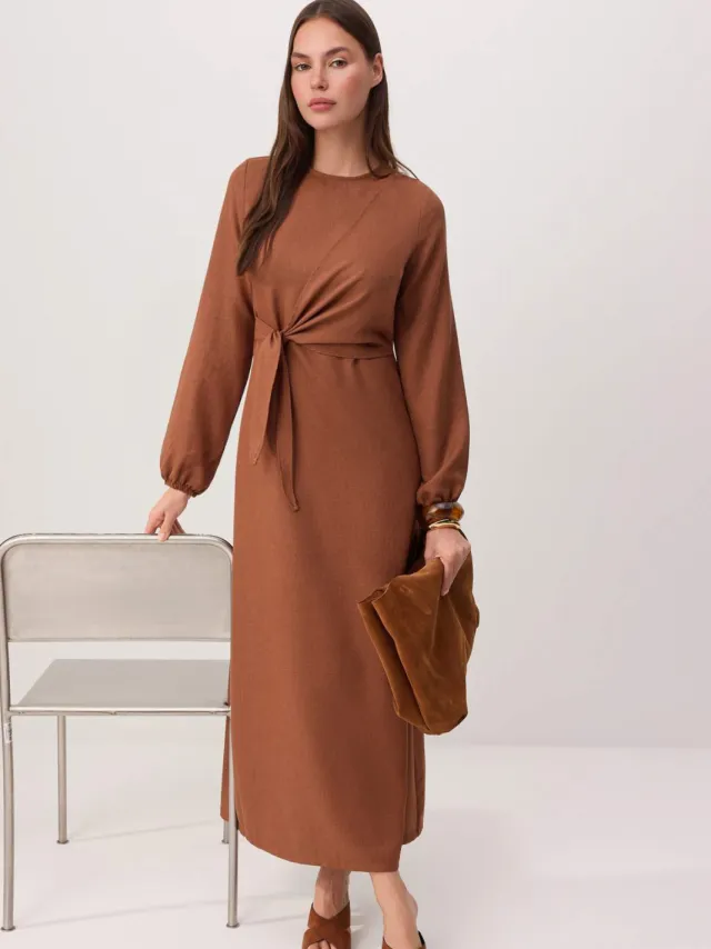 Trendyol Modest Dames Bruin Effen Maxi Lang Casual Double-breasted Modest Jurken