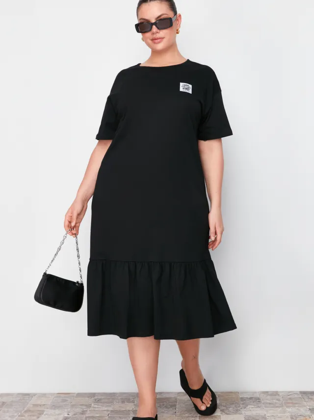 Trendyol Curve Dames Zwart Slogan Midi Kort Casual Recht Grote maten Jurk