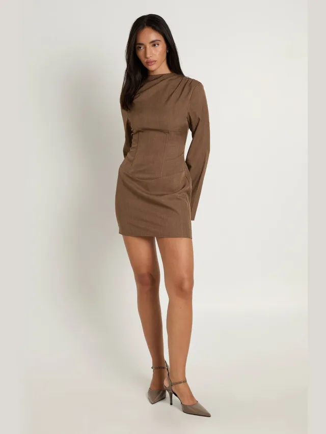 boohoo Dames Corset Paneel Hoge Hals Getailleerde Mini Jurk Bruin