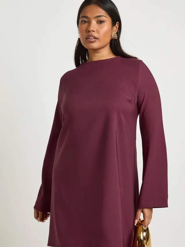 boohoo Dames Plus Wijdvallende Mouwen Strikdetail Rug Shift Jurk Pruim