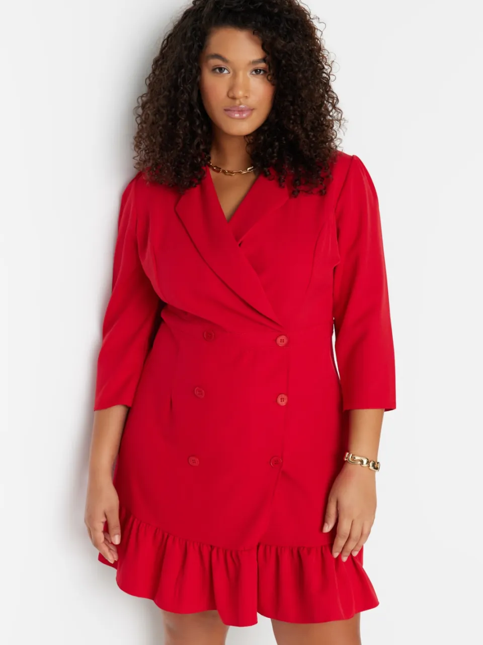 Trendyol Curve Dames Rood Effen Kort / Mini Driekwart mouw Casual Blazer Jurk Grote maten Jurk, foto 2