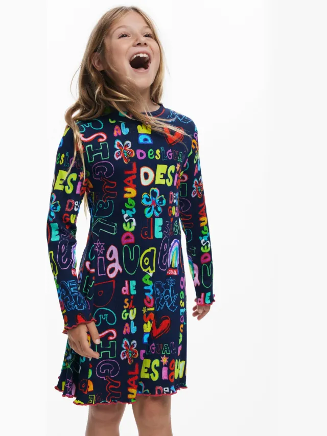 Desigual A-lijn jurk donkerblauw Donkerblauw/geel/roze