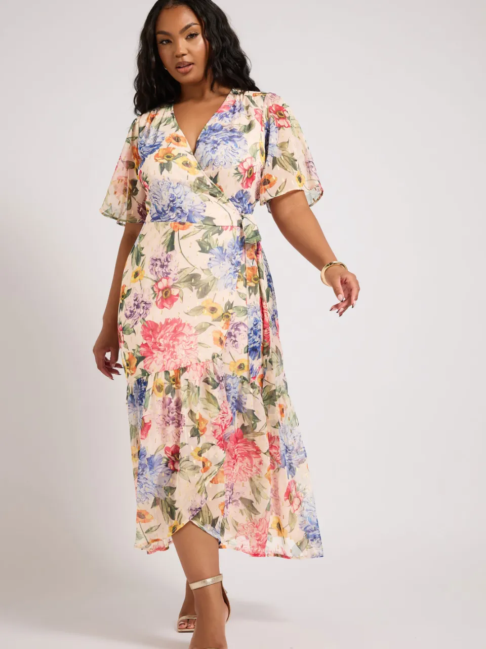 Yours London Midaxi Wikkeljurk Met Bloemenmotief In Metallic Multi White
