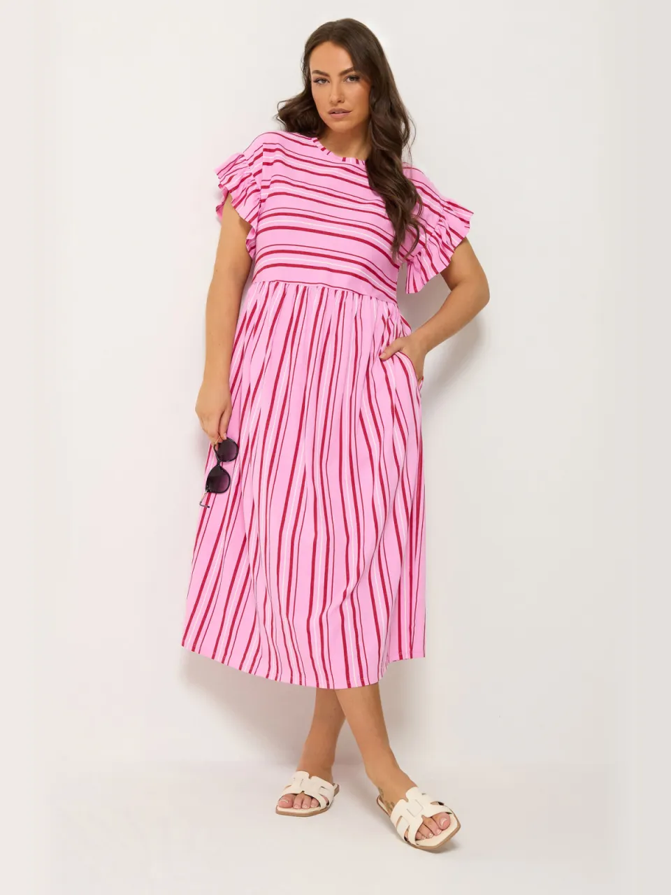 Yours Roze Gestreepte Jurk Met Mouwen Met Ruches, foto 2