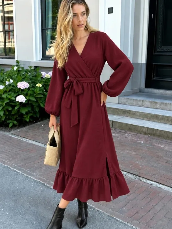Fashion Musthaves Split Jurk Midi Burgundy Bordeauxrood