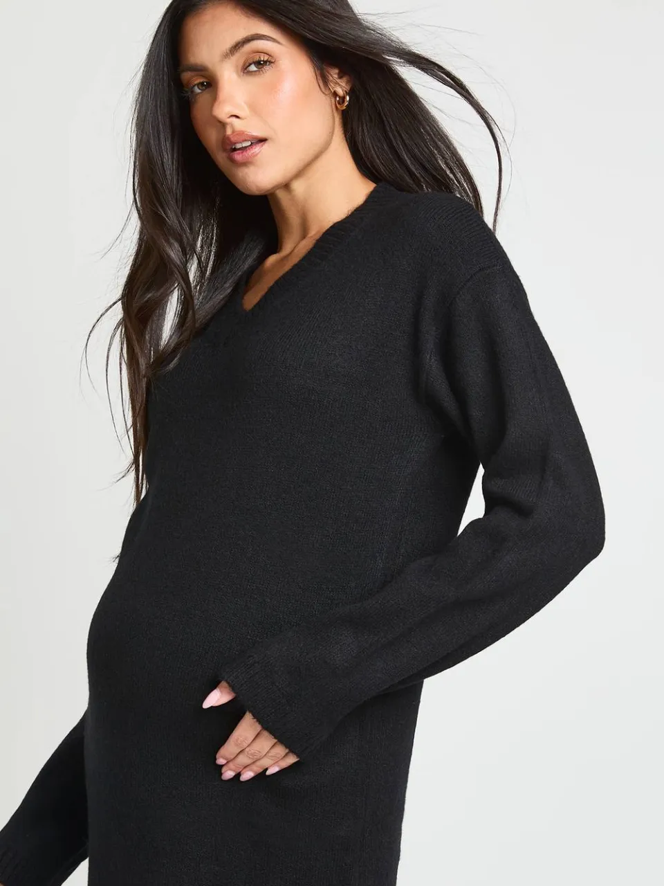boohoo Dames Zwangerschaps Maxi Jurk Met V-hals En Lange Mouwen In Gebreid Tricot zwart, foto 2