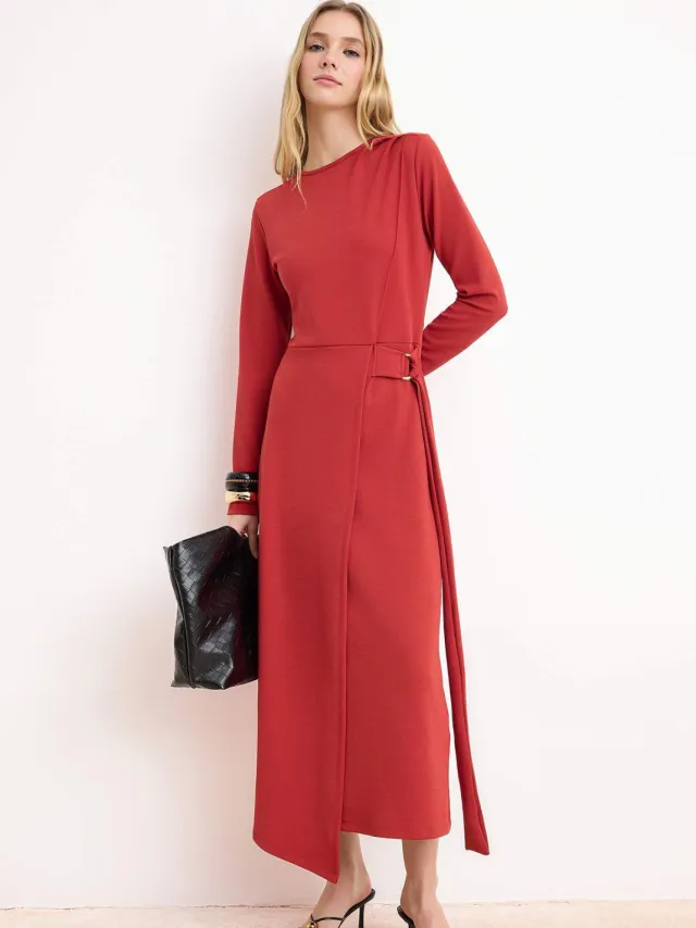 Trendyol Modest Dames Bordeaux Effen Maxi Lang Zakelijk A-lijn Modest Jurken Bordeauxrood