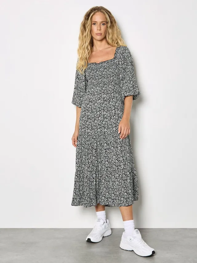 Apricot Midi-jurk met smockwerk en kleine bloemenprint Green / Black