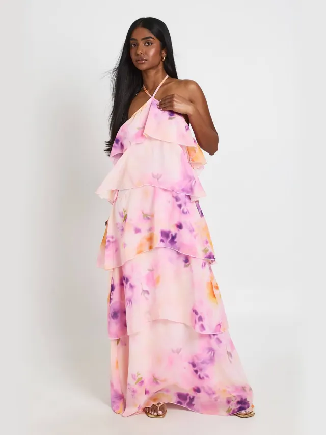 boohoo Dames Chiffon Gebloemde Gelaagde Halter Maxi Jurk Roze