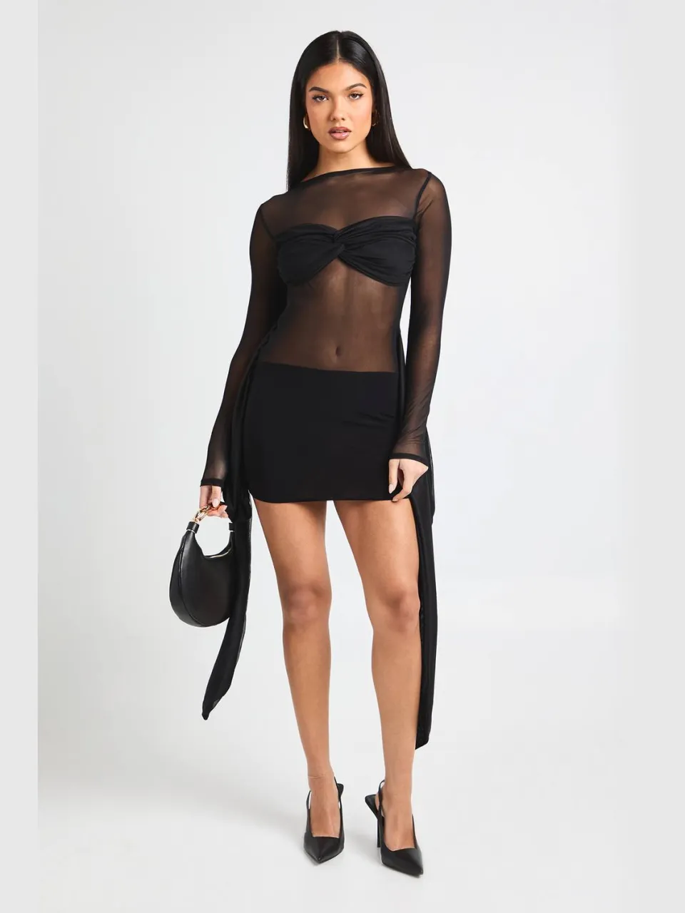 boohoo Dames Minijurk in mesh met wikkelstijl en knoopdetail zwart, foto 3