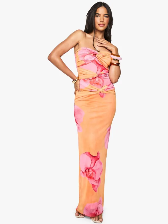 boohoo Dames Bandeau Twist Detail Floral Mesh Maxi-jurk Oranje