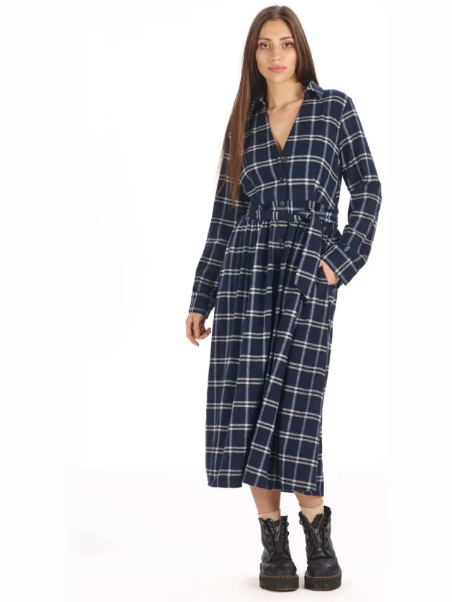 KOMODO dames vegan Jurk Highland Marineblauw Groen Geruit Extra donkerblauw