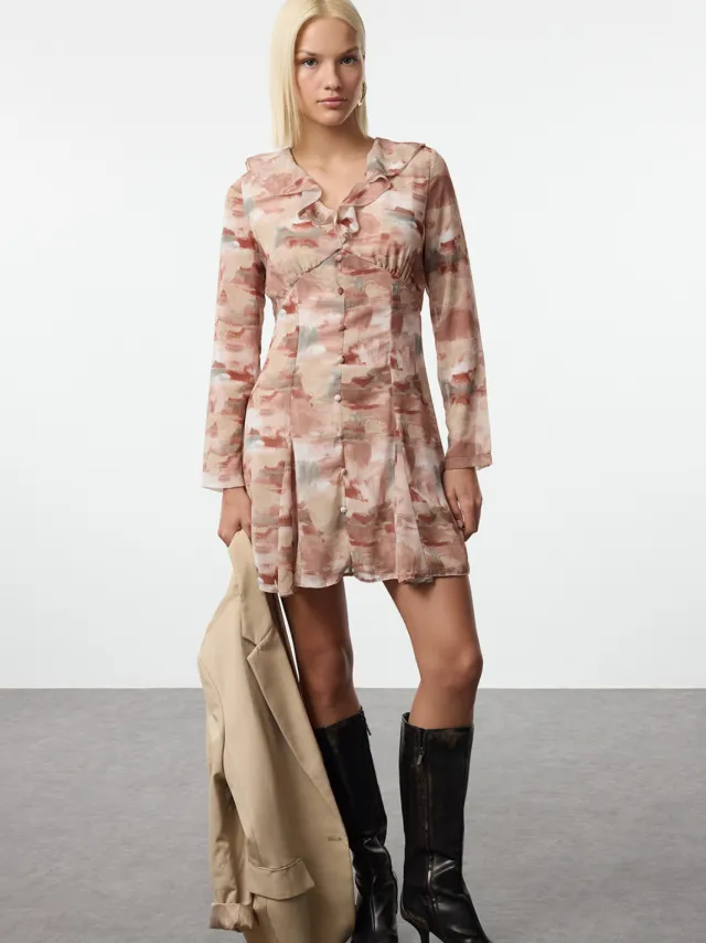 Trendyol TRENDYOLMİLLA Dames Bruin Abstract Kort / Mini Lang Avond / Dagelijks A-lijn Jurken