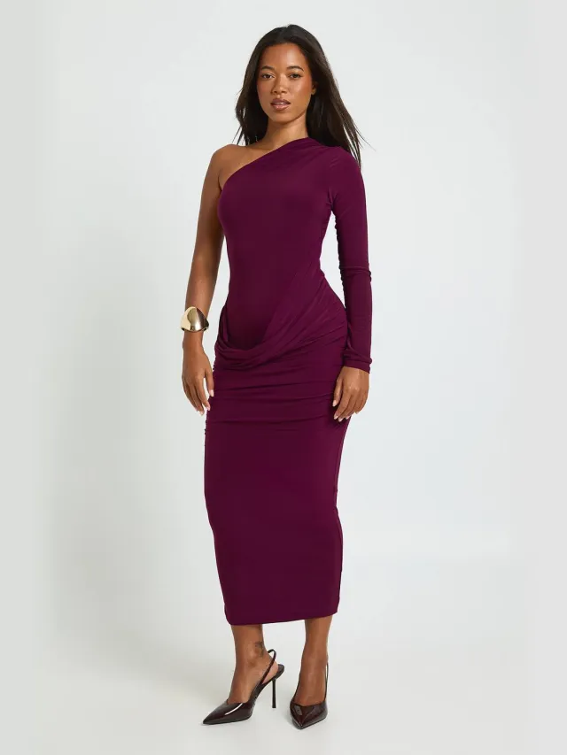 boohoo Dames Asymmetrische Drape Midaxi Jurk Pruim