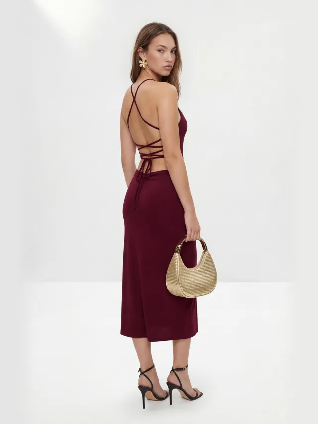 Trendyol TRENDYOLMİLLA Dames Bordeaux Effen Midi Mouwloos Bodycon Jurken, foto 2