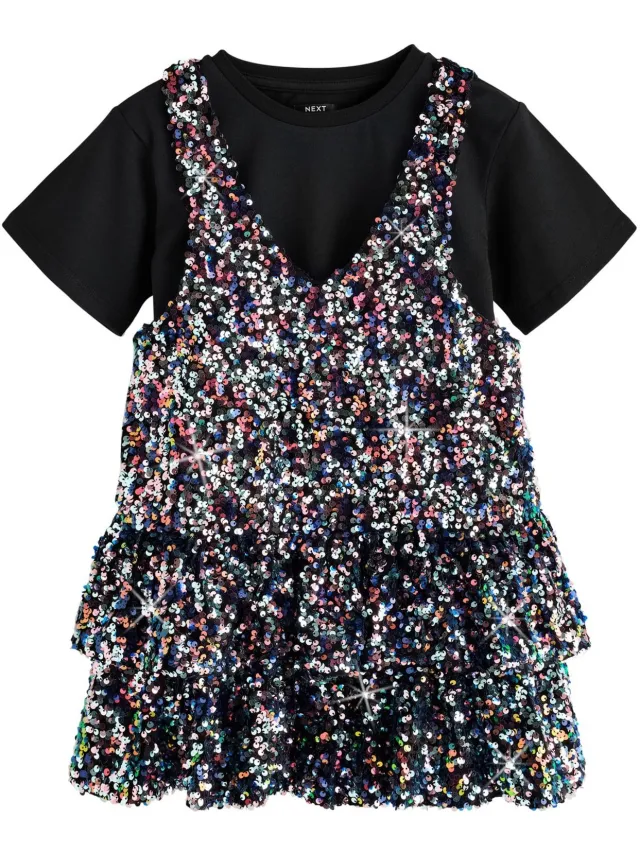 Next Meisjes - T-shirt-jurk met lovertjes - Zwart Black
