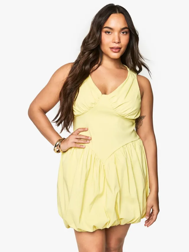 boohoo Dames Plus bengaline plunge puffball mini jurk Citroen