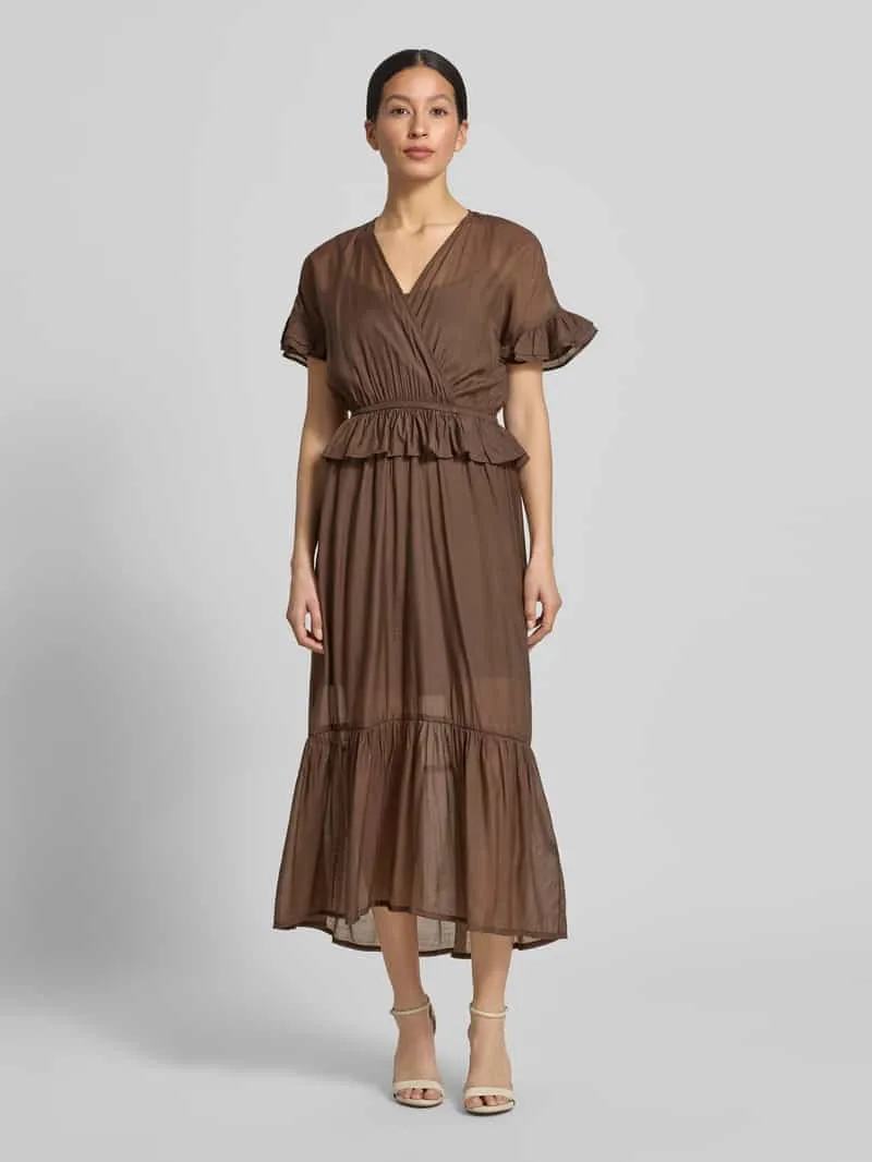 MbyM Maxi-jurk van viscosemix in laagjeslook model 'Gunnvor' Middenbruin