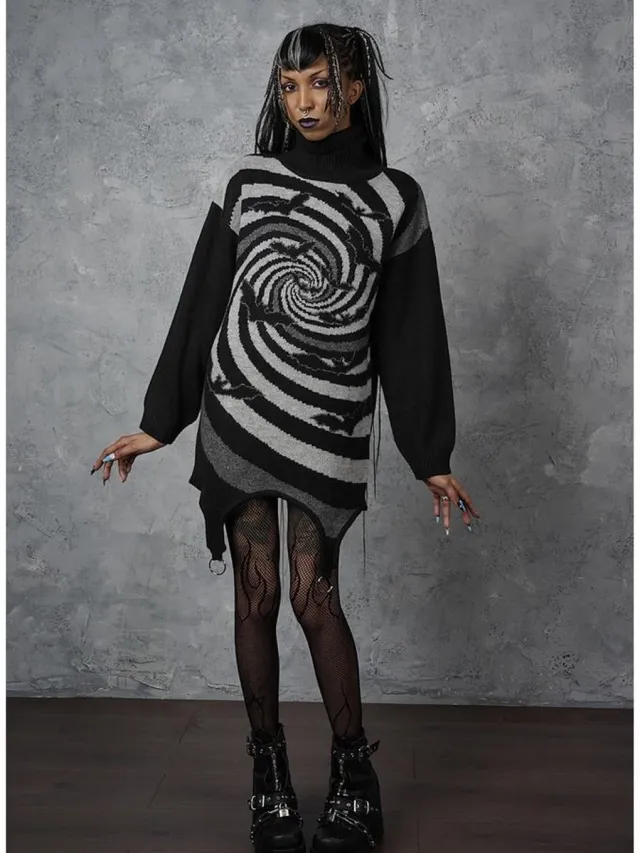 Banned Twisted Batfall Knitted Korte jurk - L - Zwart/Grijs