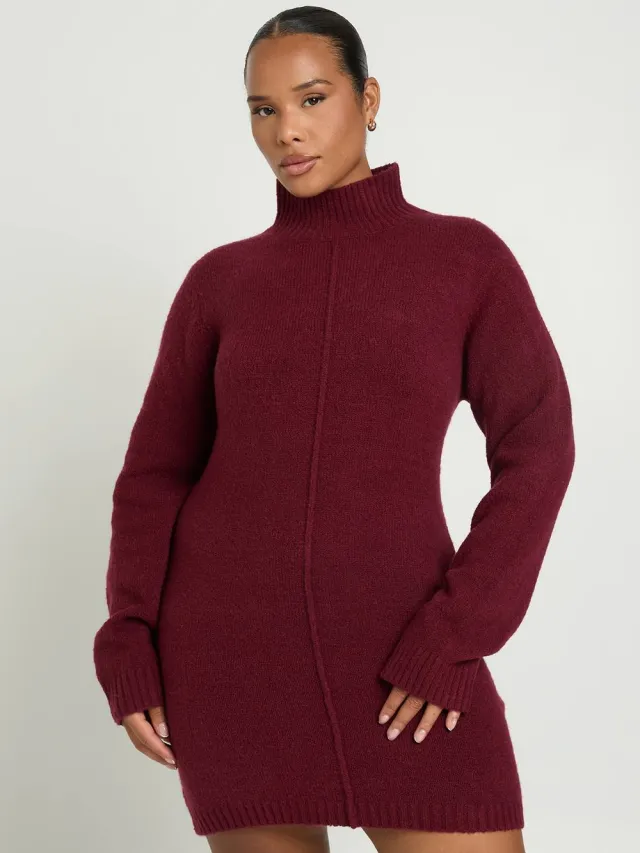 boohoo Dames Plus Hoogsluitende Gebreide Mini-trui Jurk Met Naaddetail Bordeaux Rood