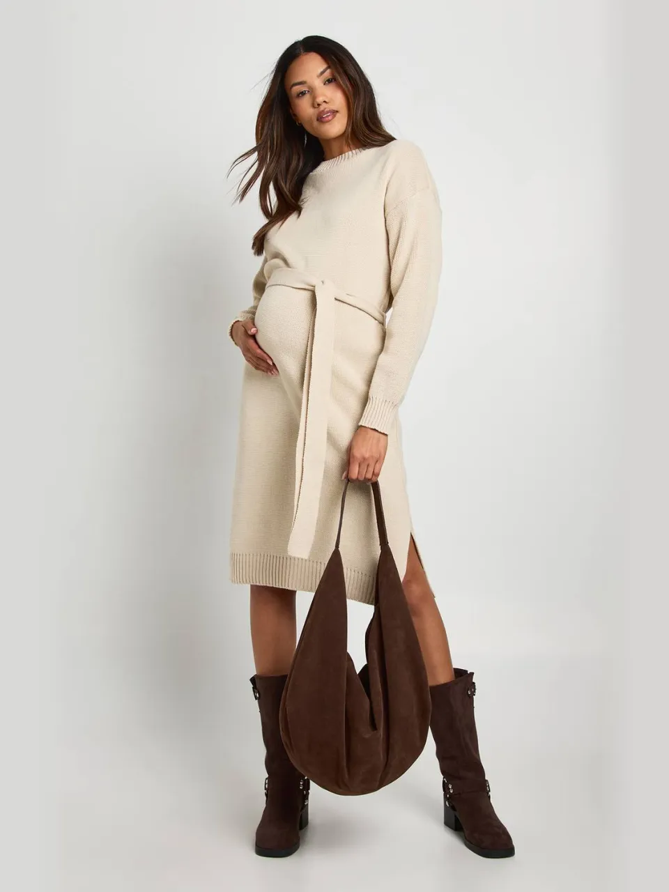 boohoo Dames Zwangerschaps ronde hals trui midijurk steen, foto 3