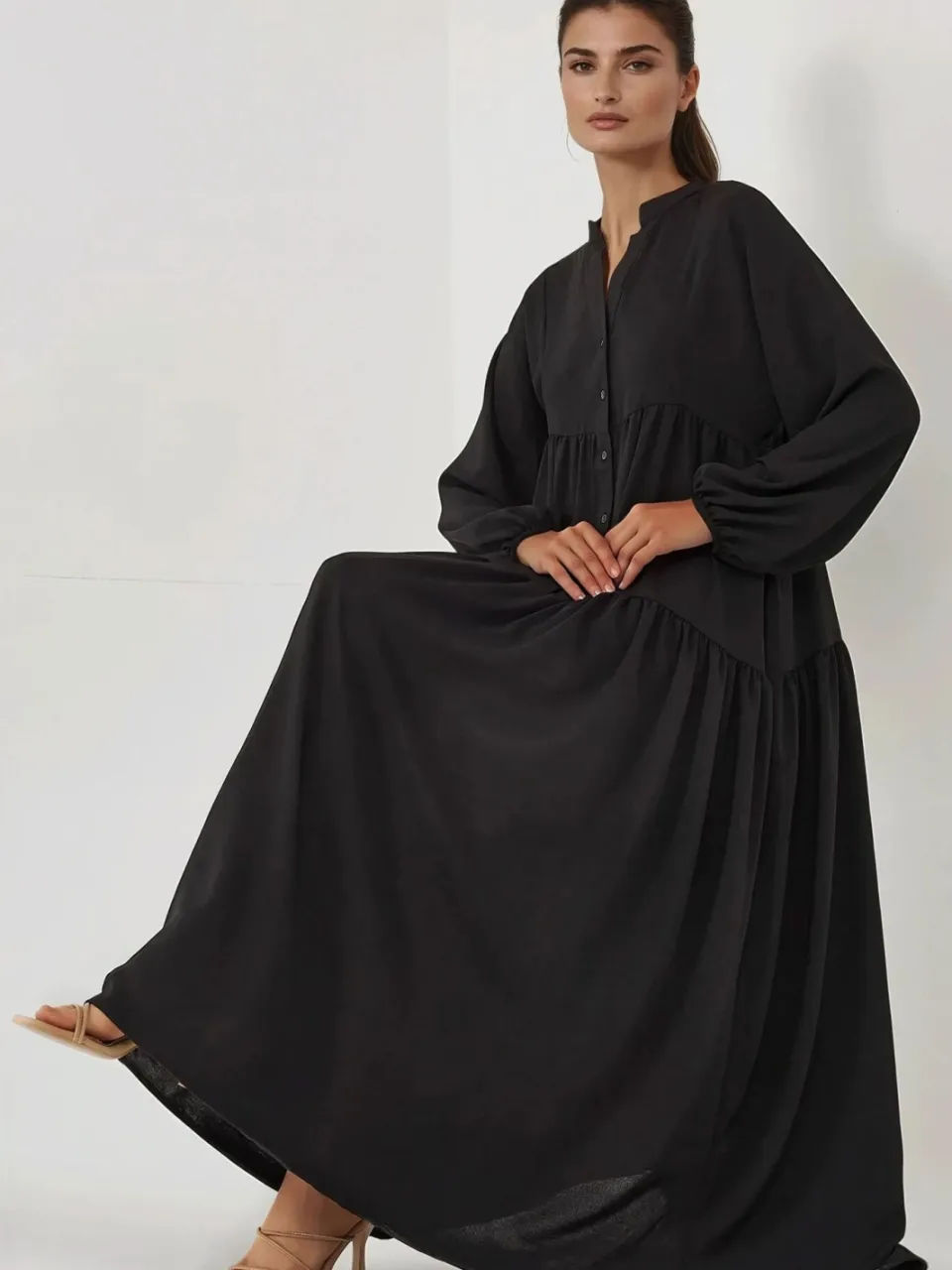 Hiccup Gestructureerde V-hals Maxi-jurk met knoopdetails zwart