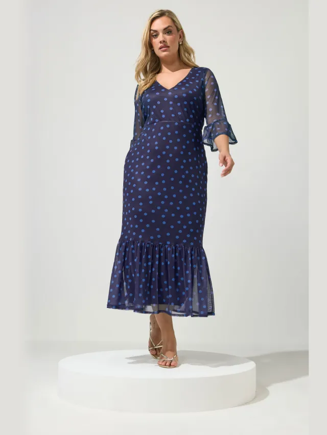 Yours London Marineblauwe Jurk Met Polkadots En Mesh, Gelaagd Blue