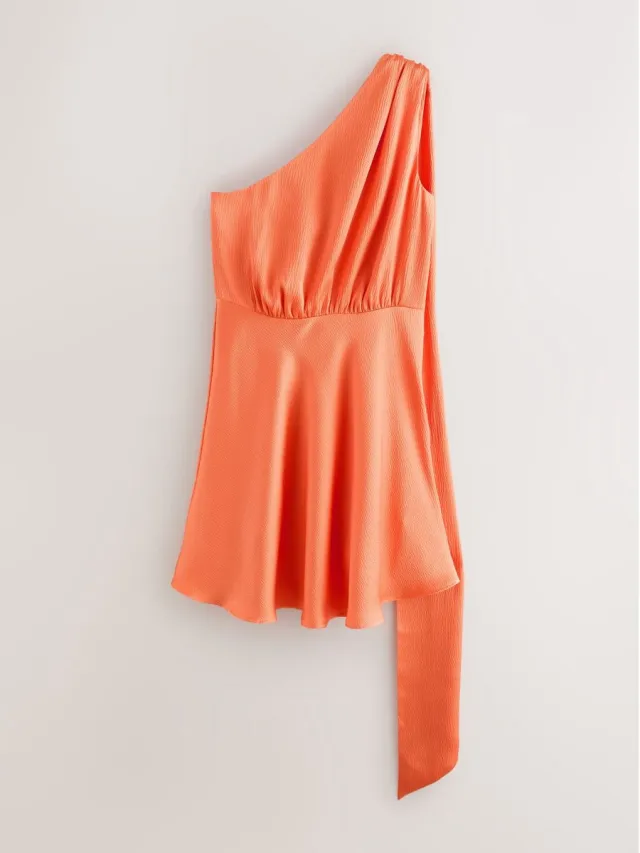 Next Dames - Satijnen mini-jurk met blote schouder en textuur - Oranje Orange