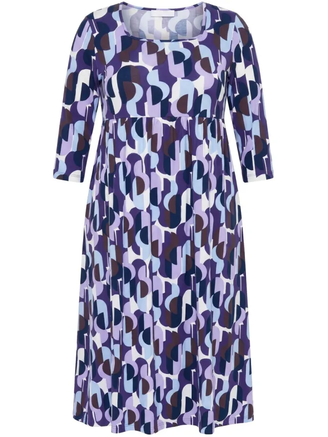 Ulla Popken Dames - Maxi-jurk grafische print carreehals 3/4 mouwen - Donkerpruim - Maat 66+