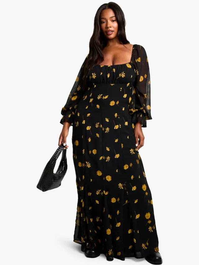 boohoo Dames PLUS LONG SLEEVE SMOCK MAXI JURK Zwart