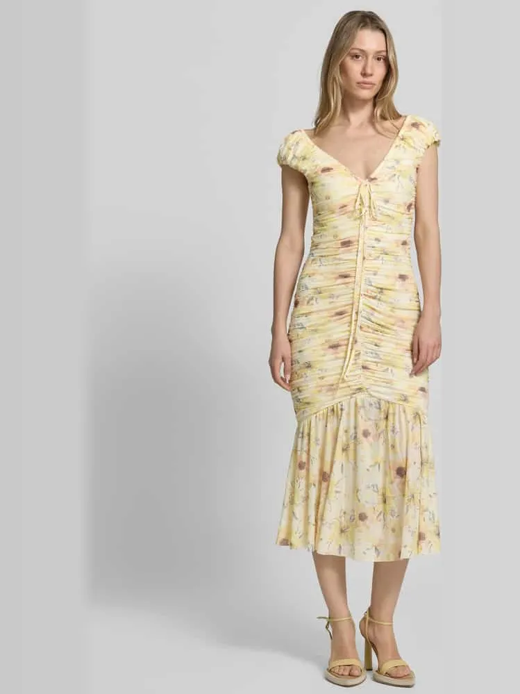 Little Mistress midi-jurk met draperingen en V-hals Geel