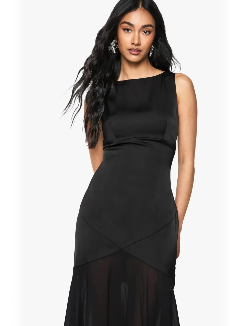 boohoo Dames Satijn en chiffon mix geplooide maxi-jurk zwart, foto 2