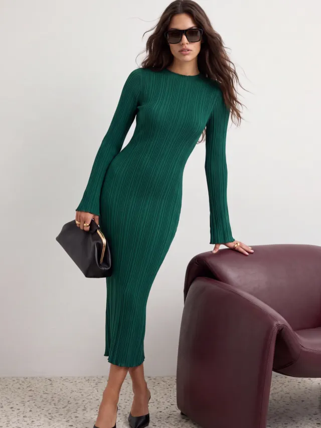 Trendyol TRENDYOLMİLLA Dames Groen Effen Maxi Lang Casual Bodycon Jurken
