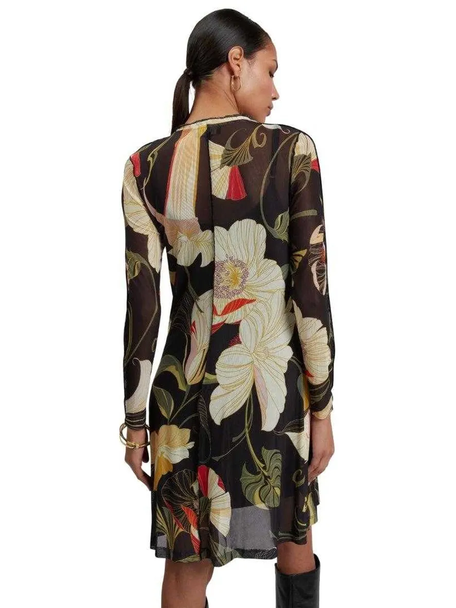 Ted Baker Dames midi-jurk van mesh met bloemen en lange mouwen (Zwart)
