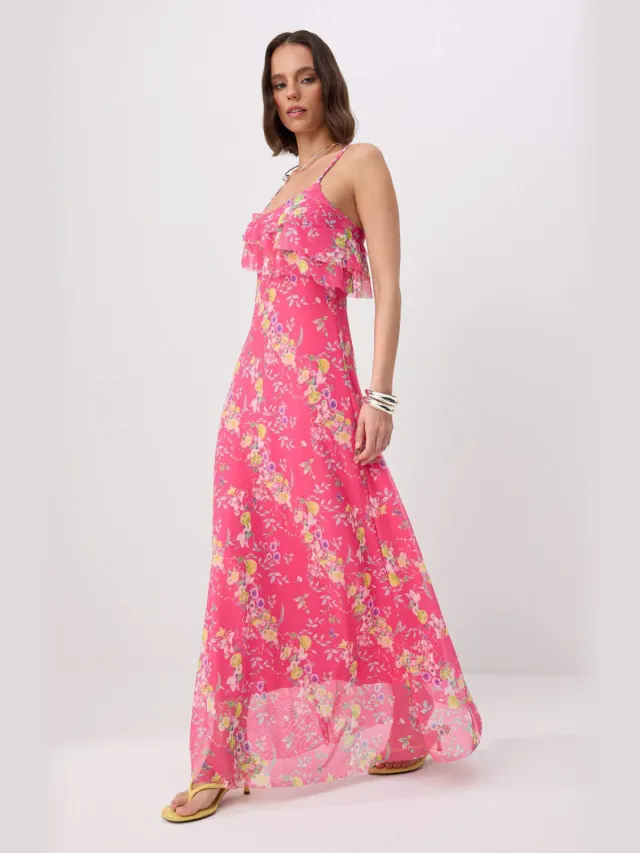 Trendyol TRENDYOLMİLLA Dames Roze Bloemen Maxi Mouwloos A-lijn Jurken Fuchsia