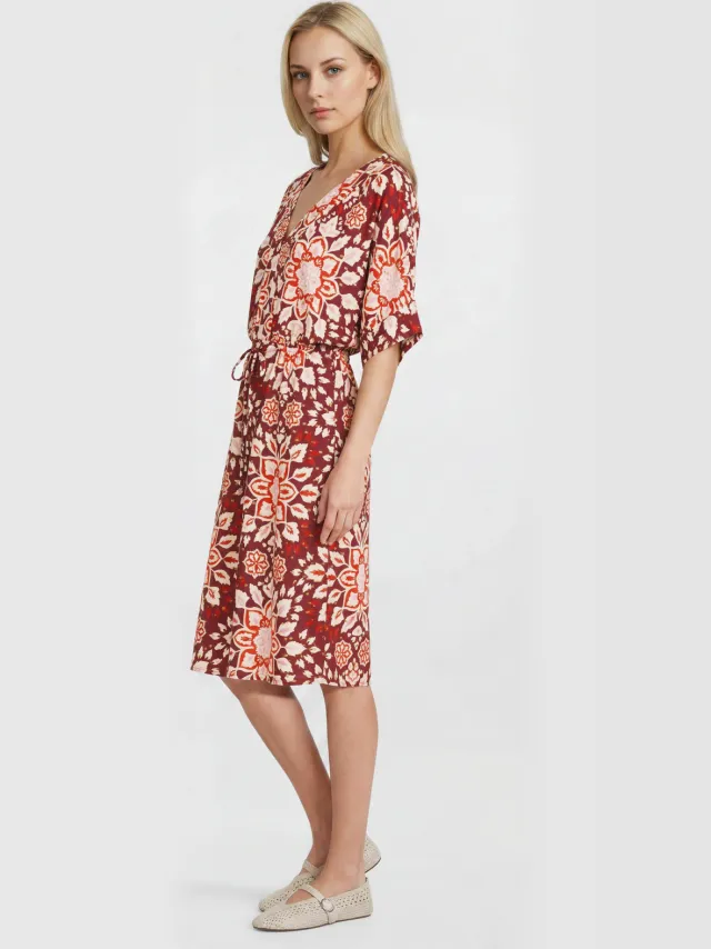 Geisha viscose gebloemde midi zomerjurk - donkerrood Donkerrood/rood/ecru