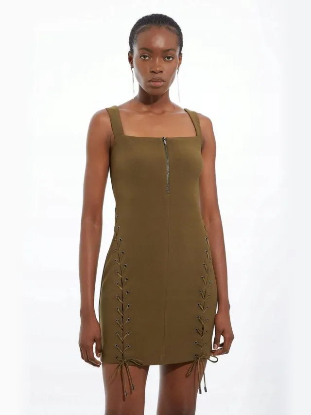 Karen Millen Mini Jurk - Olijfgroen - Met Rits en Strik - Voor Petite Olivengroen
