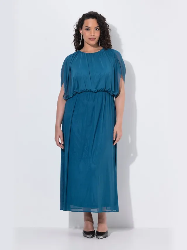 Ulla Popken Dames - Maxi-jurk ballonmodel bovenstuk ronde hals mouwloos - Petrolblauw - Maat 42+