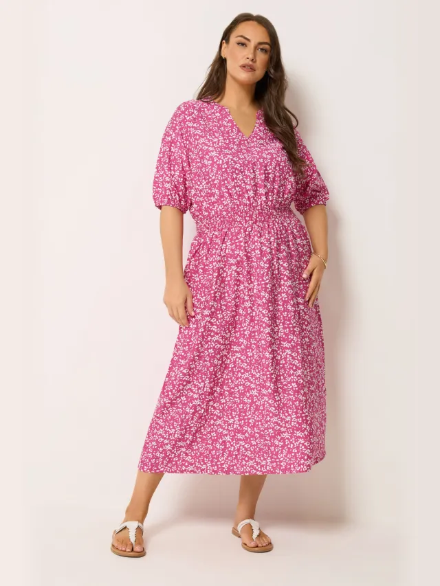 Yours Roze Jurk Met Bloemenprint En Pofmouwen Pink