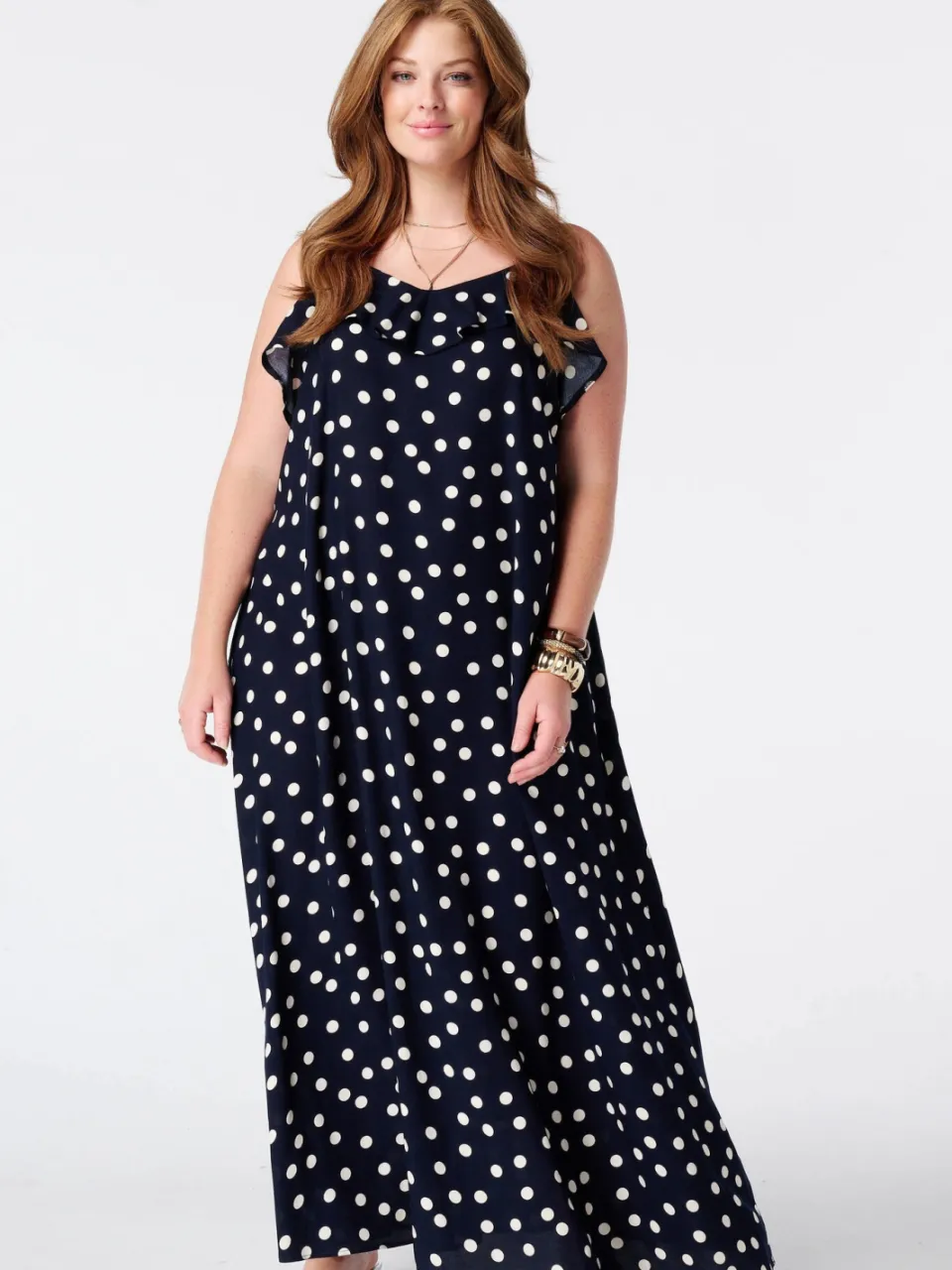 MS Mode maxi jurk Plus Size met ruches en stippen - blauw, foto 3