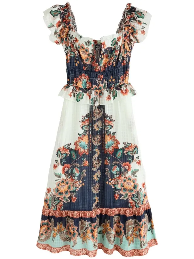 Next Dames - Jurk met vierkante hals en fladdermouwen - Blauw Navy/Peach Floral