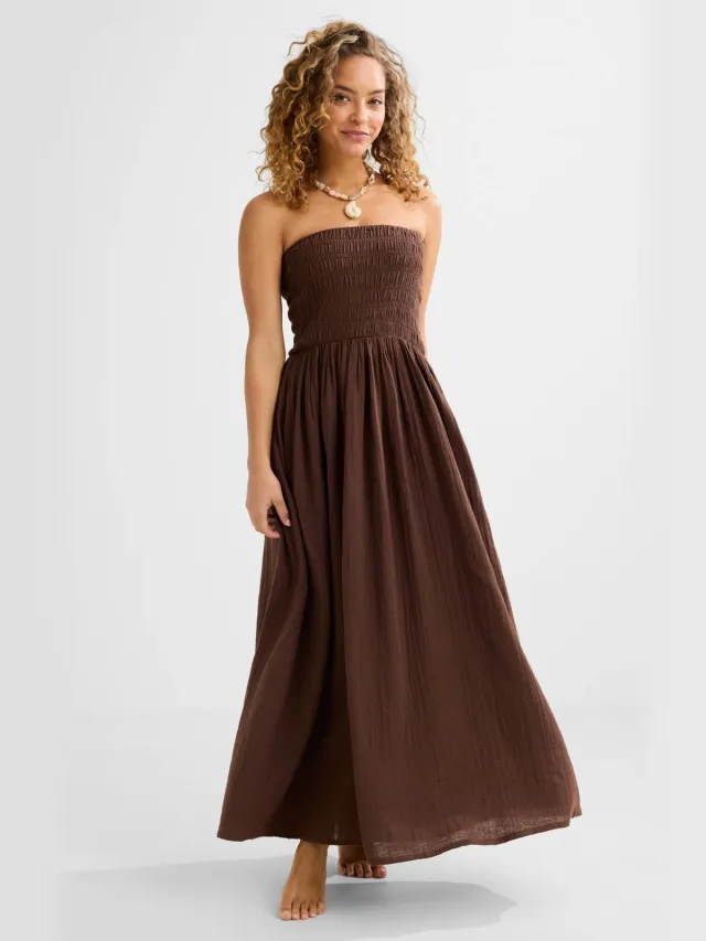 BEACHWAVE strapless mousseline strandjurk donkerbruin