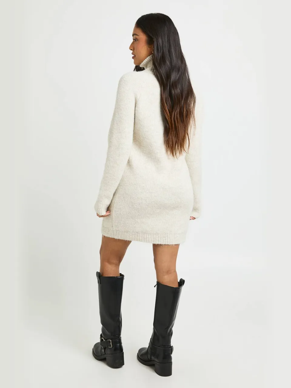 boohoo Dames Petite Gebreide Mini-jurk Met Hoge Kraag En Rits crème, foto 3