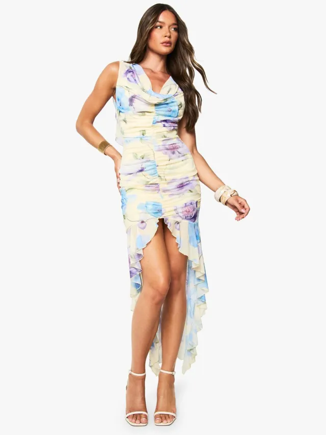 boohoo Dames Bloemen Mesh Gerimpelde Maxi Jurk Citroen