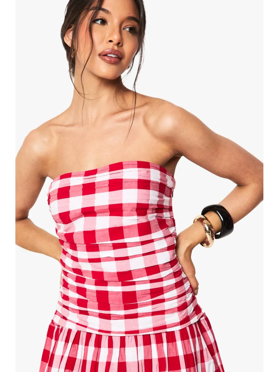 boohoo Dames Gingham Puffball Bandeau Mini Jurk rood, foto 4