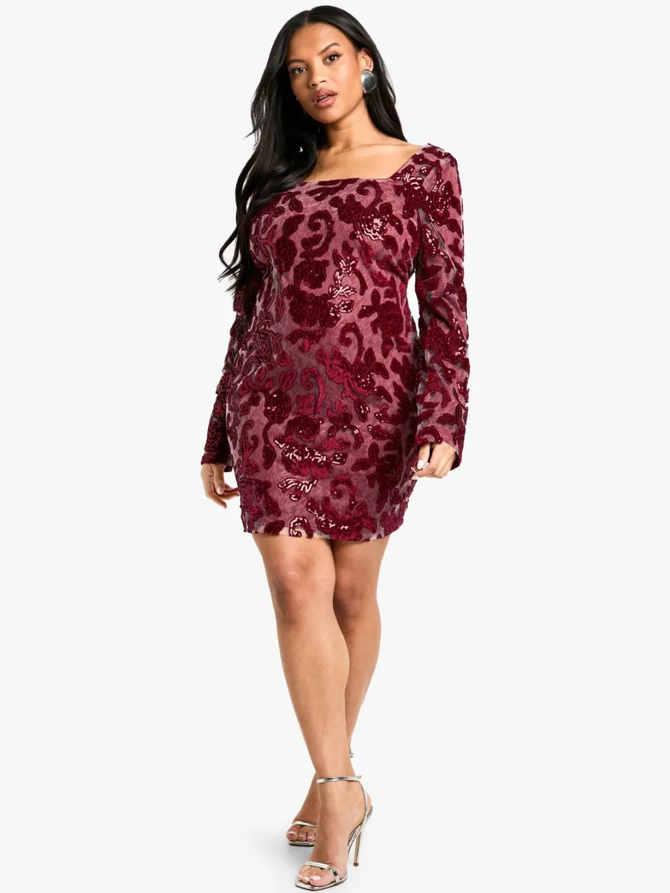 boohoo Dames Plus Demask Square Neck Bodycon Dress bessen, foto 2