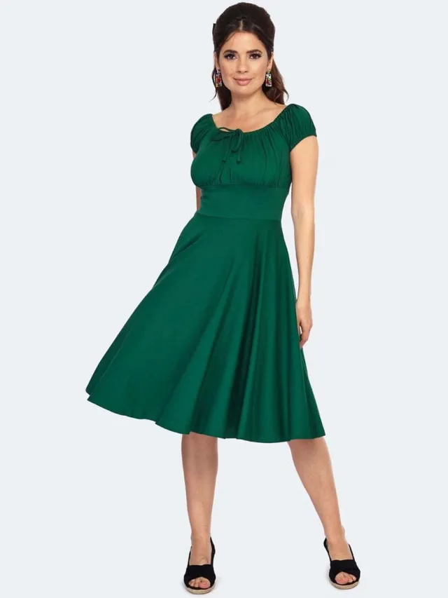 Voodoo Vixen Gathered Neckline Flared Dress Medium-lengte jurk groen XS Dames